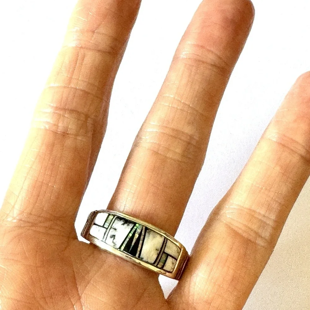 Navajo Wedding Band Sz 13 Inlay Ring Opal White Buffalo 10mm Mens Signed Tolino